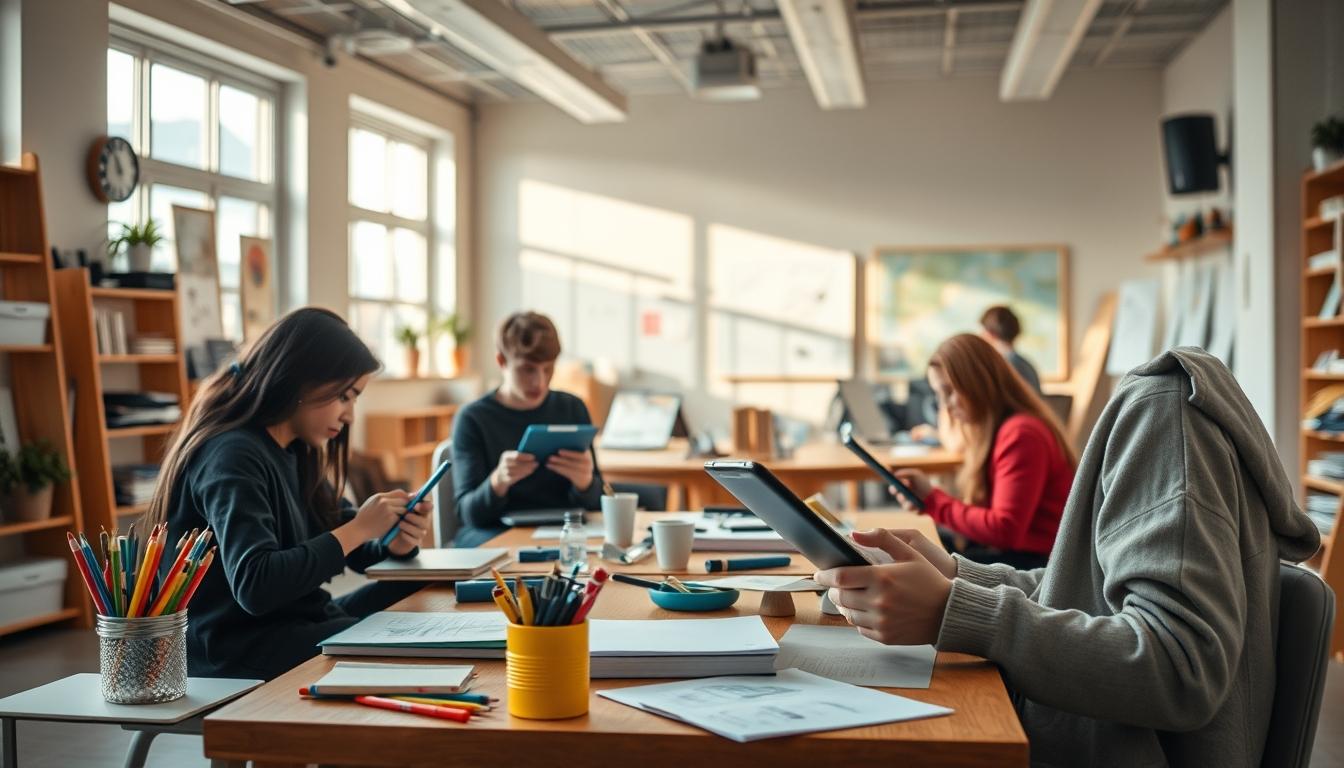Students studying together in modern classroom